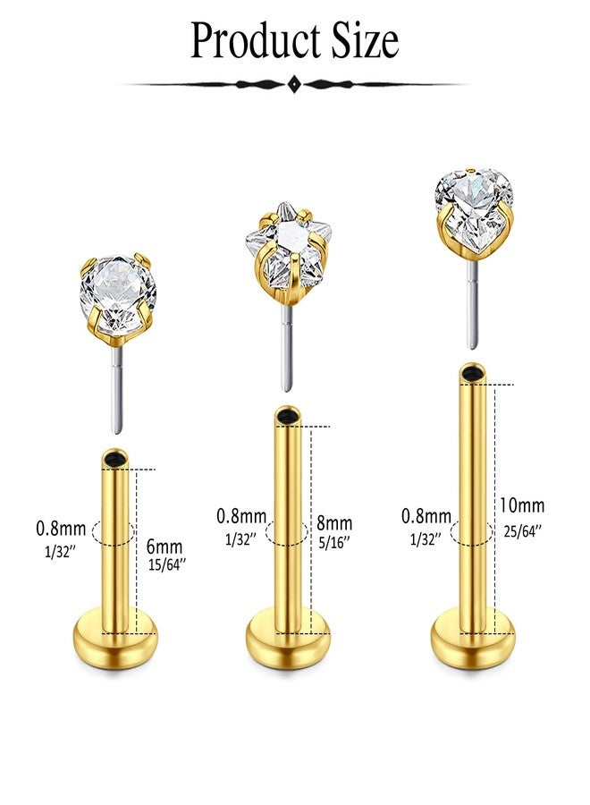 DJCIW 7PCS 20G Gold Threadless Nose Studs and Flatback Cartilage Earrings Set-Hypoallergenic 316L Steel Push-In White CZ Studs with Insertion Taper for Labret Tragus Helix Conch Piercings 6/8/10mm - Image 2